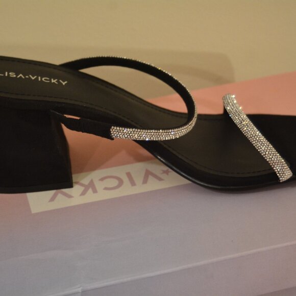 Lisa Vicky Mood Black Microsuede Block Heel Sandal Rhinestone Straps Sz 10 NIB - Picture 4 of 6